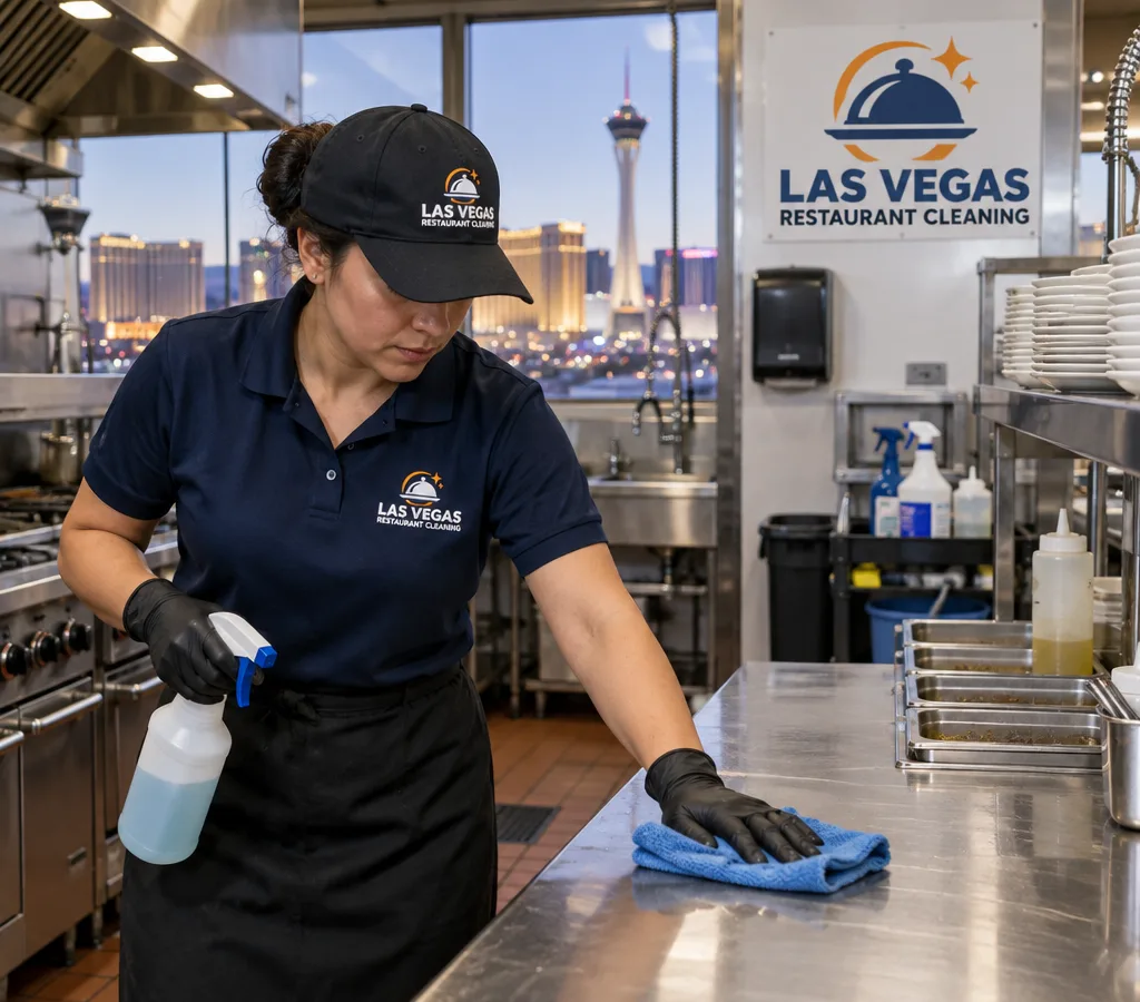 Cleaner detailing a stainless prep line in a working restaurant kitchen