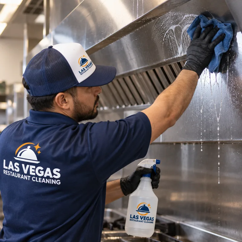 Hood canopy exterior and adjacent stainless wall panel being hand-wiped with degreaser and controlled drip protection