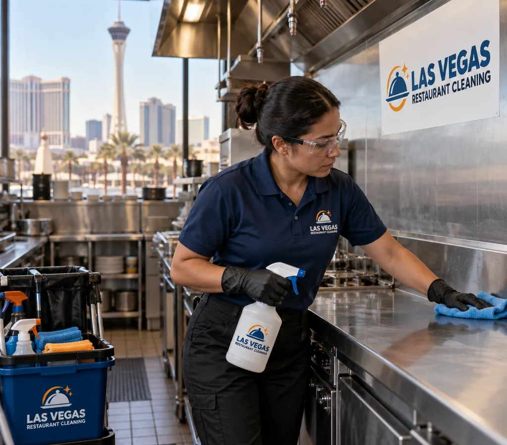 Professional cleaner in PPE wiping a stainless prep line and backsplash in a commercial restaurant kitchen