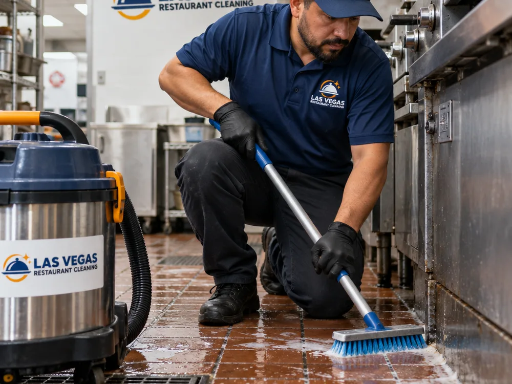 Cleaner detail-scrubbing quarry tile grout and the floor-wall edge behind a cooking line