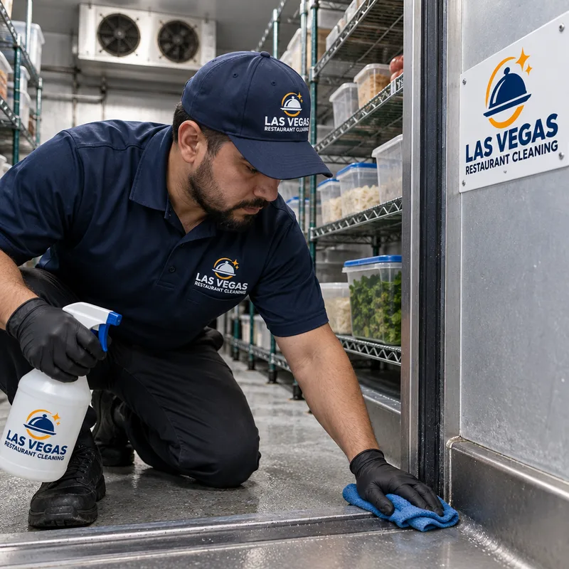 Cleaner wiping shelving and cleaning the floor cove near the threshold and gasket inside a restaurant walk-in cooler