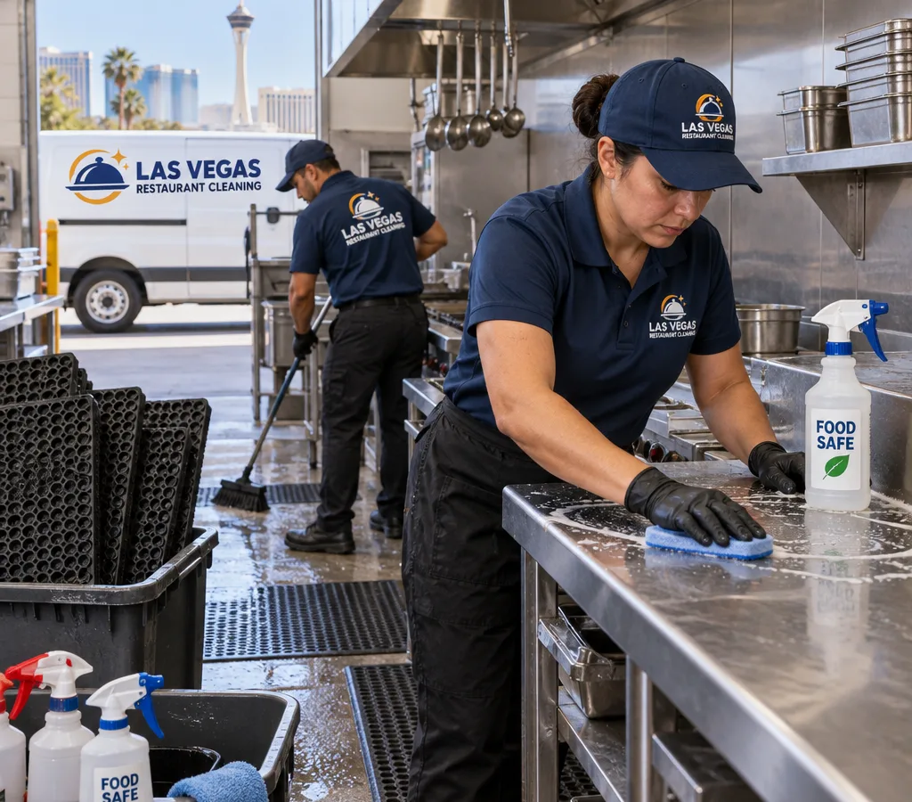 Professional cleaners scrubbing a stainless prep line and backsplash in a commercial kitchen with floor mats and labeled cleaning supplies staged nearby