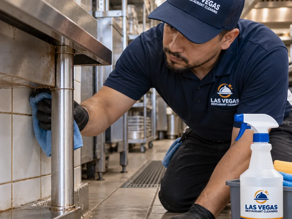 Technician detailing the underside and edges of a stainless prep table beside tiled walls using food-safe degreaser and microfiber cloths