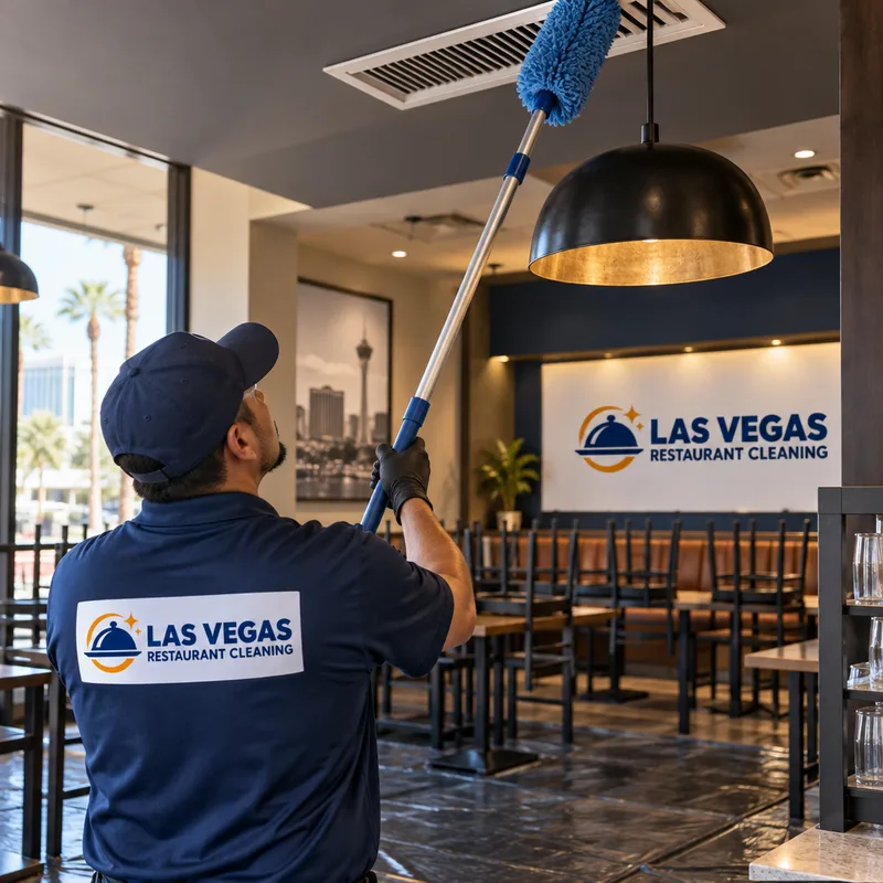 Cleaner high dusting a dining room vent and pendant light with an extension pole while floors are protected and tables are cleared