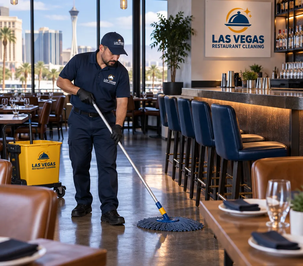 Cleaner mopping a restaurant dining room floor near a staged bar, tables, corners, and baseboards