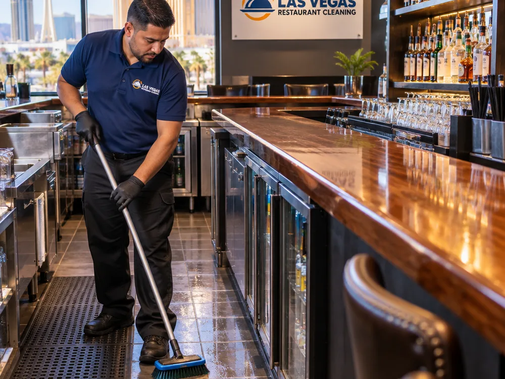 Clean bar with a polished top, wiped bottle shelf faces, and scrubbed floor edges and corners