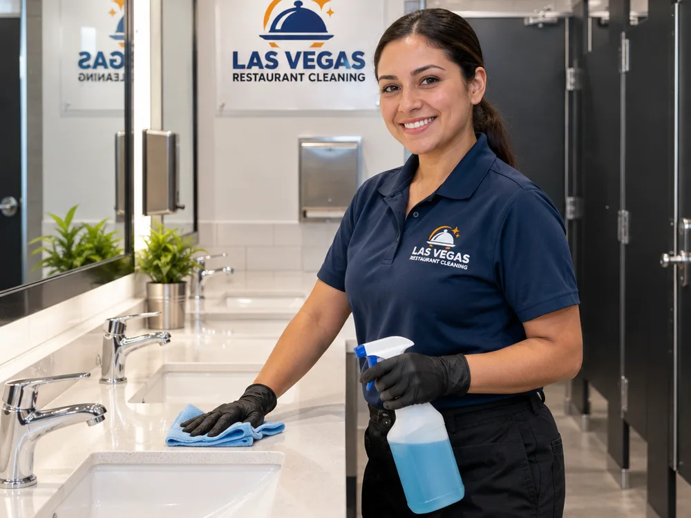 Clean restaurant restroom with bright fixtures, clear mirror, sanitized touchpoints, and dry partitions and hardware