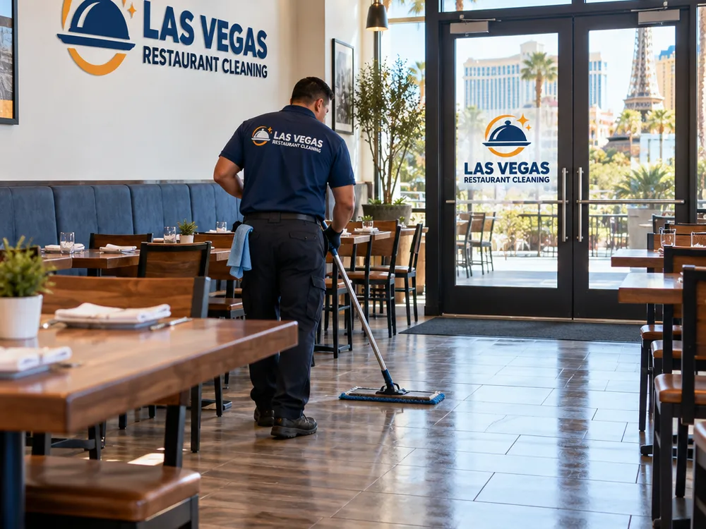Freshly cleaned restaurant dining room with clean baseboards, aligned chairs, and streak-free entry glass