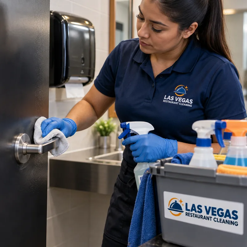 Gloved technician disinfecting restroom door handles and dispenser surfaces with labeled cleaners and microfiber cloths nearby