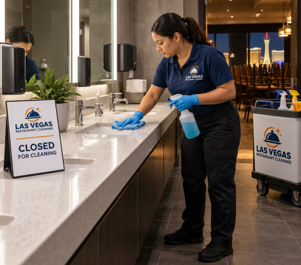After-hours technician disinfecting sinks and counters in a clean restaurant restroom with closed-for-cleaning signage and stocked dispensers