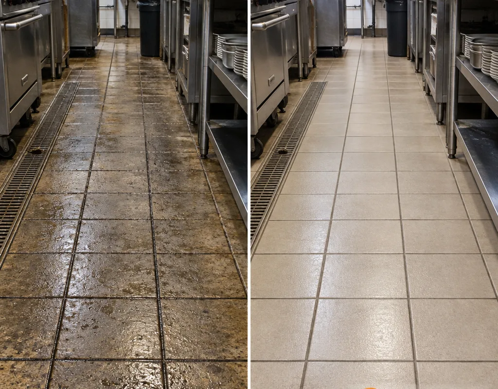Before-and-after view of a restaurant kitchen tile floor showing dark greasy traffic lanes beside cleaner tile and grout after extraction