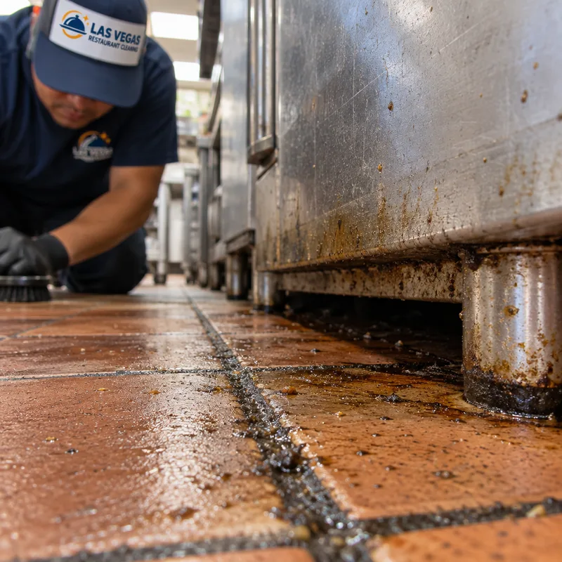 Close-up of greasy grout lines and floor film along the base of commercial cooking equipment before cleaning