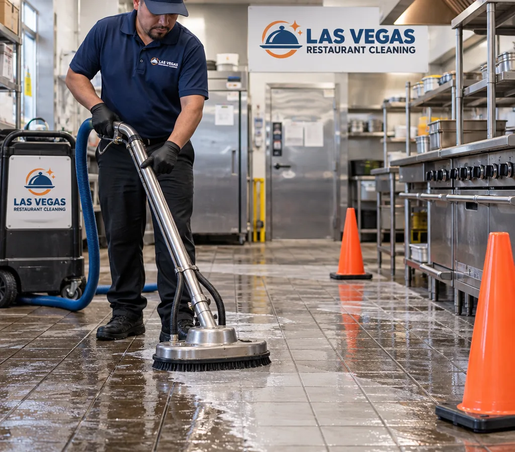 Technician scrubbing and extracting a greasy commercial kitchen tile floor with professional equipment, a visible extraction path, and safety cones