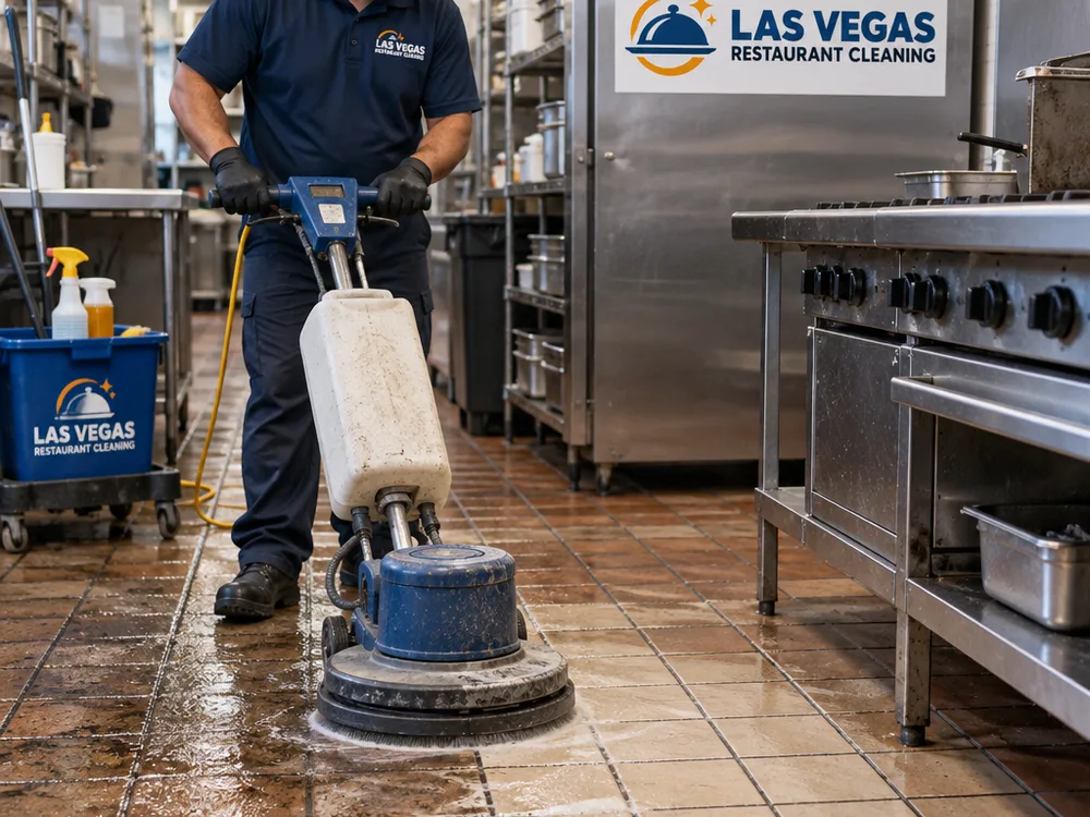 Floor technician using a rotary scrubber on greasy commercial kitchen tile with visibly lighter grout along the cleaned path