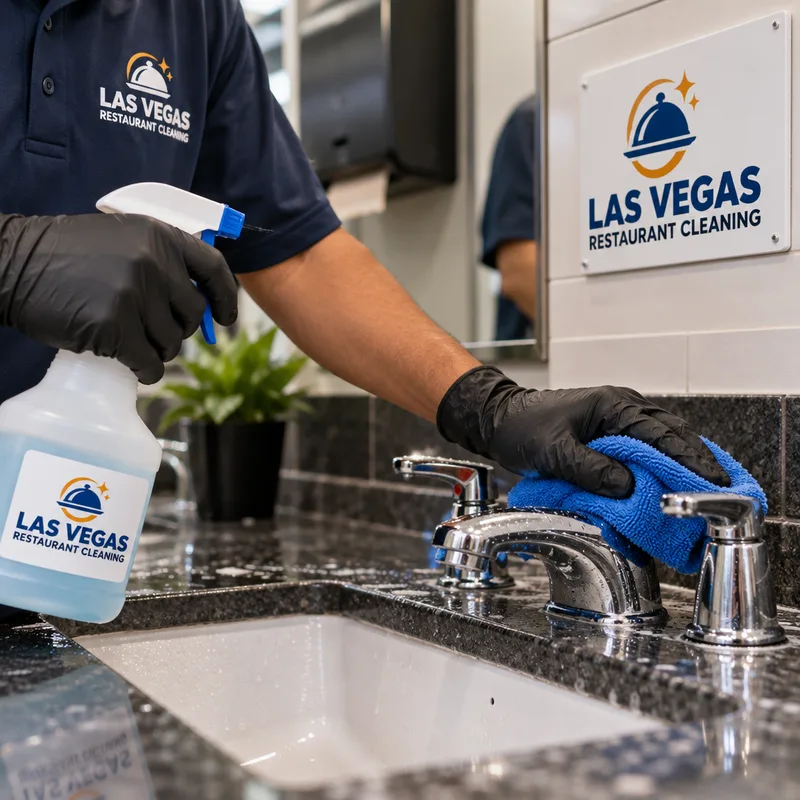 Gloved cleaner disinfecting a commercial restroom sink, faucet handles, and counter edges