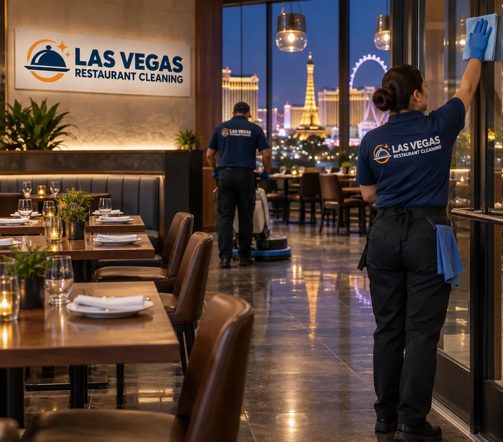 After-hours restaurant cleaning in a Henderson dining room with floors and high-touch surfaces being detailed