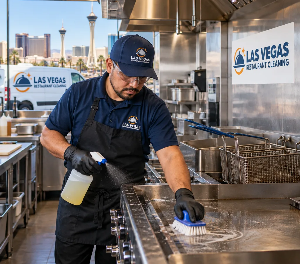 Technician cleaning a commercial restaurant kitchen line with stainless surfaces, fryers, prep tables, food-safe degreasing methods, and PPE