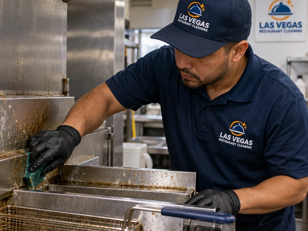 Technician hand-cleaning grease buildup at the edges of a commercial fryer and stainless backsplash
