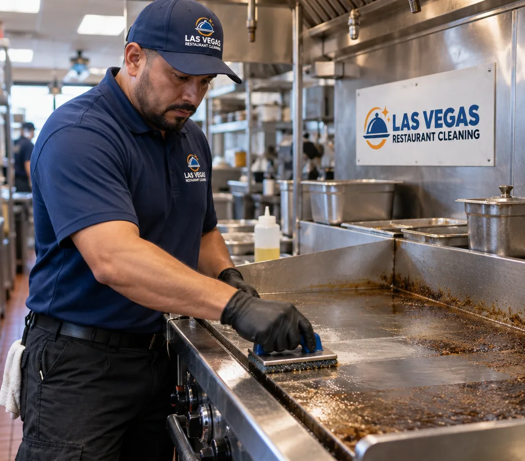 Technician cleaning a commercial flat-top griddle and surrounding stainless surfaces in a working restaurant kitchen