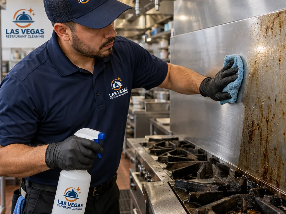 Technician hand-cleaning stainless steel backsplashes and commercial range side panels