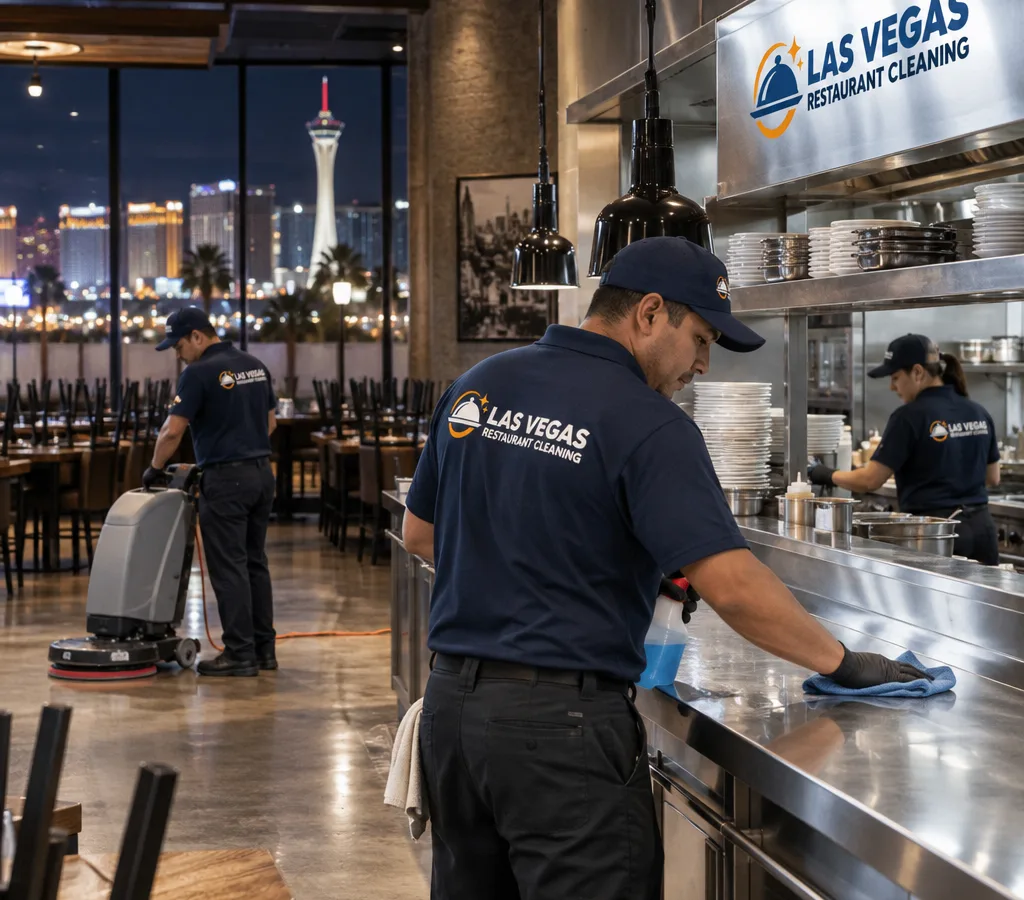 After-hours restaurant dining room and kitchen pass in Sunrise Manor being professionally cleaned, with visible stainless surfaces, clean floors, and staff working with commercial equipment