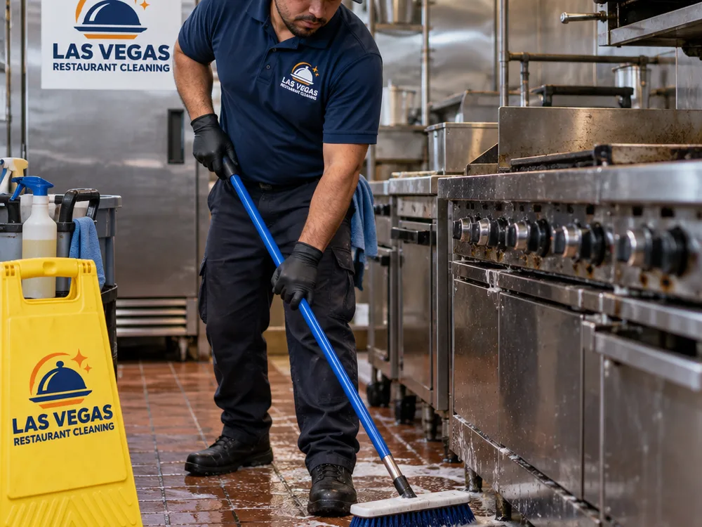 Technician scrubbing a commercial kitchen floor and degreasing around a cook line, with caution signage and restaurant-grade equipment visible