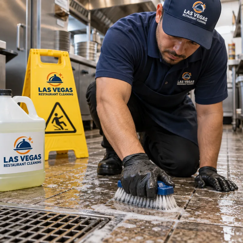 Technician hand-scrubbing greasy commercial kitchen floor tile and grout near a floor drain with safety supplies visible