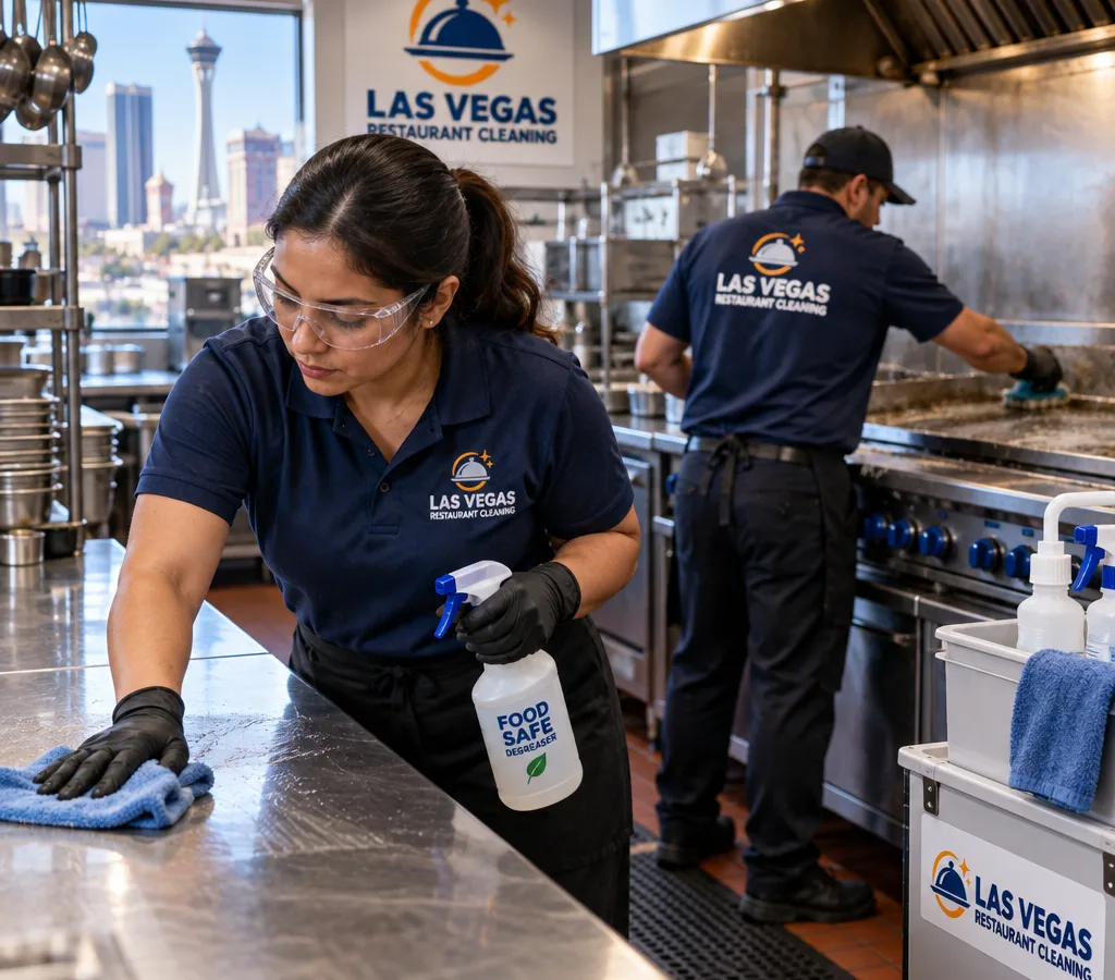 Commercial cleaning technician scrubbing stainless prep tables and degreasing around a restaurant cook line with food-safe supplies and PPE