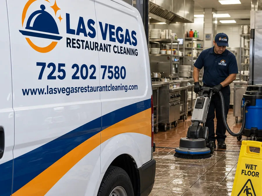 Technician operating floor cleaning and extraction equipment in a closed commercial kitchen during off-hours with wet-floor signage visible