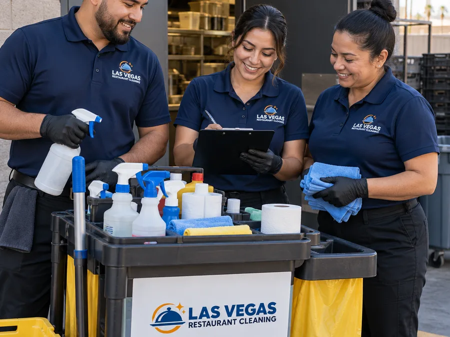 Uniformed restaurant cleaning crew staging supplies and checklists