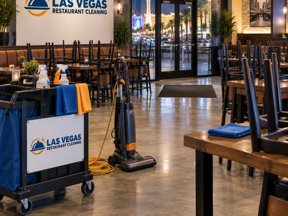 Restaurant dining room and entry being cleaned after closing
